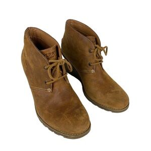 Sperry Stella Wedge Ankle Boots Size 8.5 Distressed Genuine Leather Tan Cognac